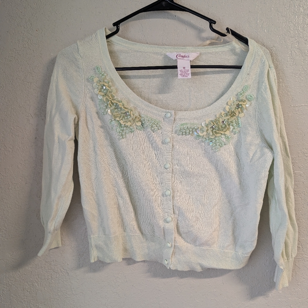 Beaded Cardigan M Mint Green Button Twee Dainty Fairy Whimsy
